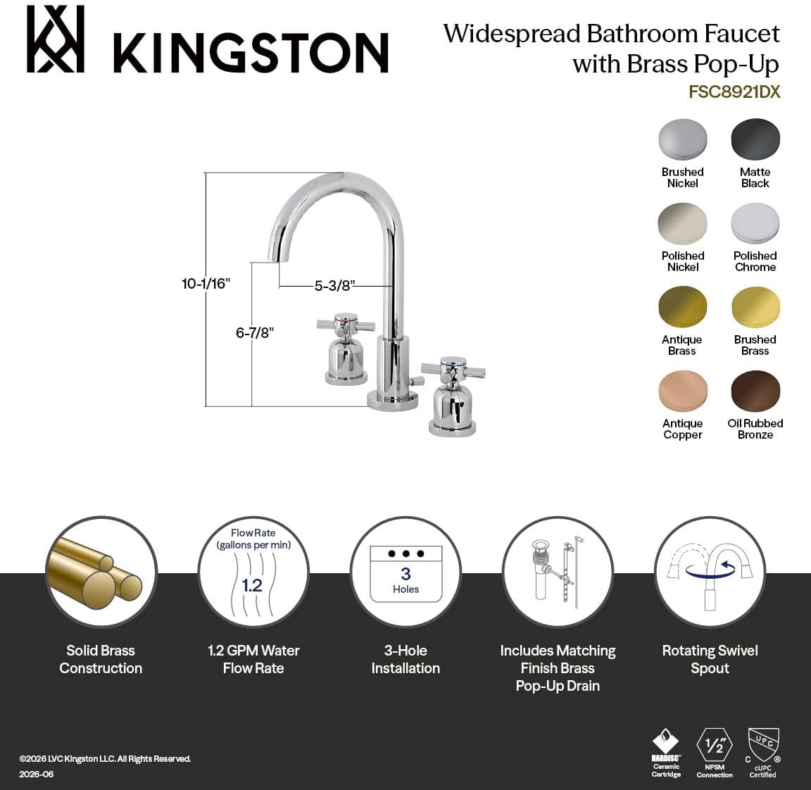 Kingston Brass FSC8928DX Concord Widespread Bathroom Faucet, Brushed Nickel, 10 x 5.38 x 10.06