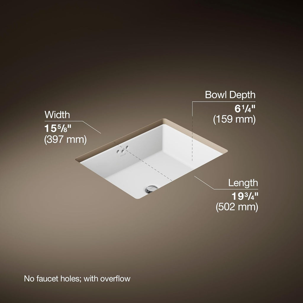 KOHLER K-2330-0 Kathryn 19-3/4' Rectangular Under-Mount Bathroom Sink, Vitreous Lavatory Vanity Sink with Overflow, No Faucet Holes, White