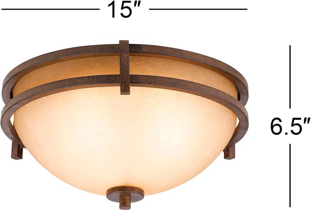 Franklin Iron Works Oak Valley Collection Mission Ceiling Light Flush Mount Fixture Rustic Bronze 15' Wide Cream Scavo Glass Bowl for Cottage Core Bedroom Kitchen Living Room Hallway Bathroom