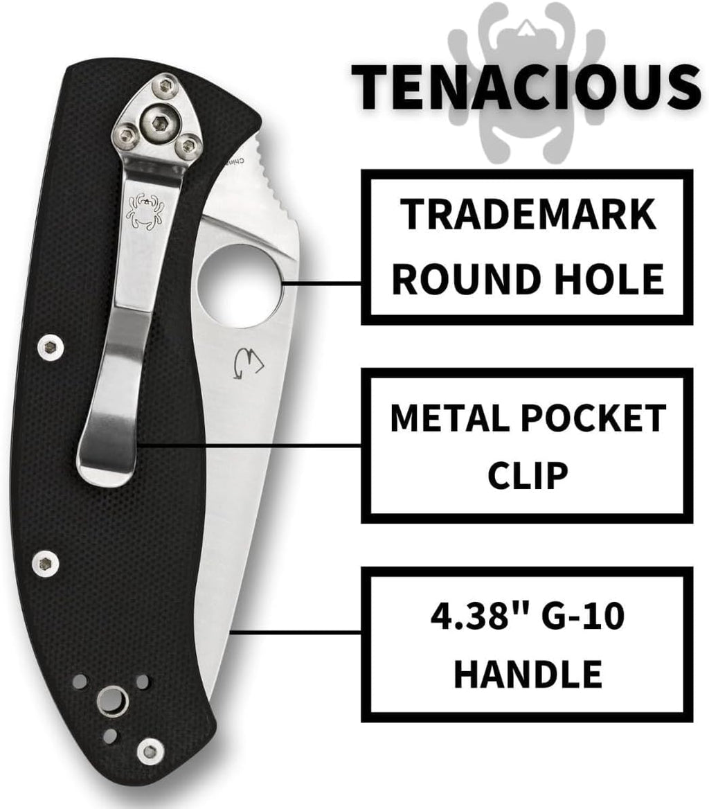 Spyderco Tenacious Folding Pocket Knife with 3.3' 8Cr13MoV Steel Blade and G-10 Handle - EDC Knife for Men and Women, Perfect for Hunting, Tactical, Camping, Survival, Hiking - PlainEdge - C122GP