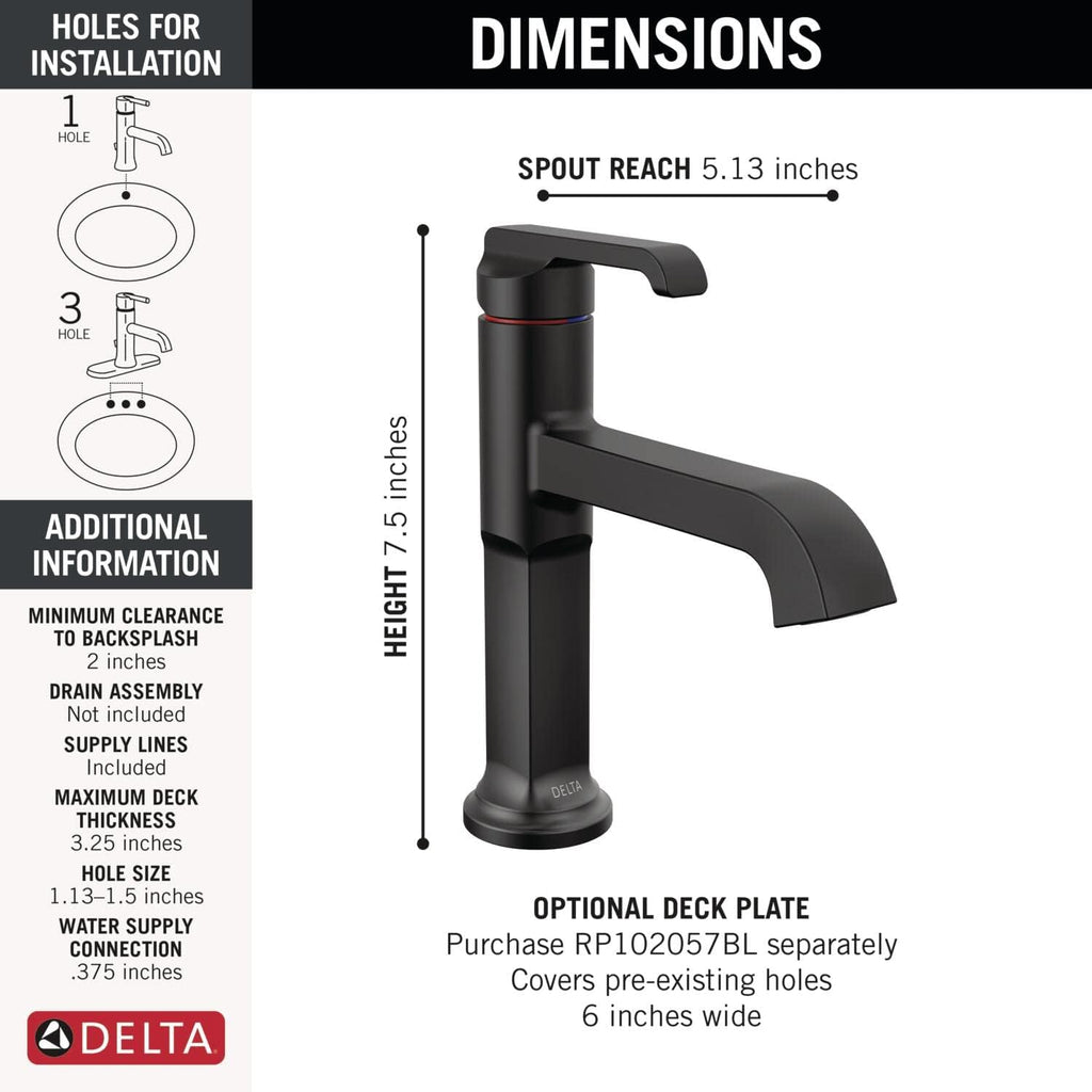 Delta Tetra Matte Black Bathroom Faucet 1 Hole, Single Hole Bathroom Sink Faucet for Vanity, Matte Black 589-BLLPU-DST (Drain Not Included)