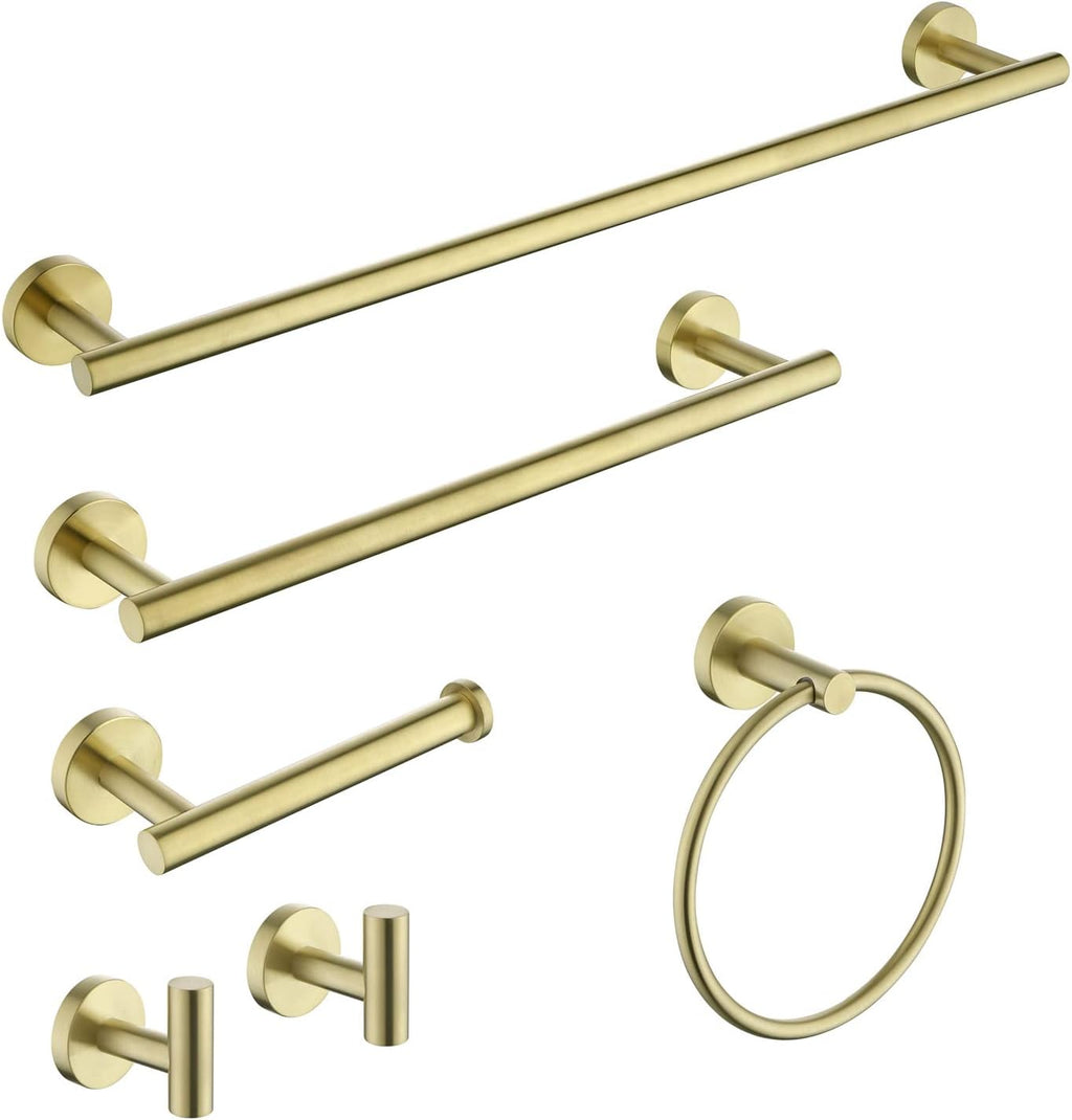 6-Pieces Bathroom Hardware Set SUS304 Stainless Steel Round Wall Mounted Includes Hand Towel Bar,Toilet Paper Holder,Robe Towel Hooks,Bathroom Accessories Kit On-Site (Gold)