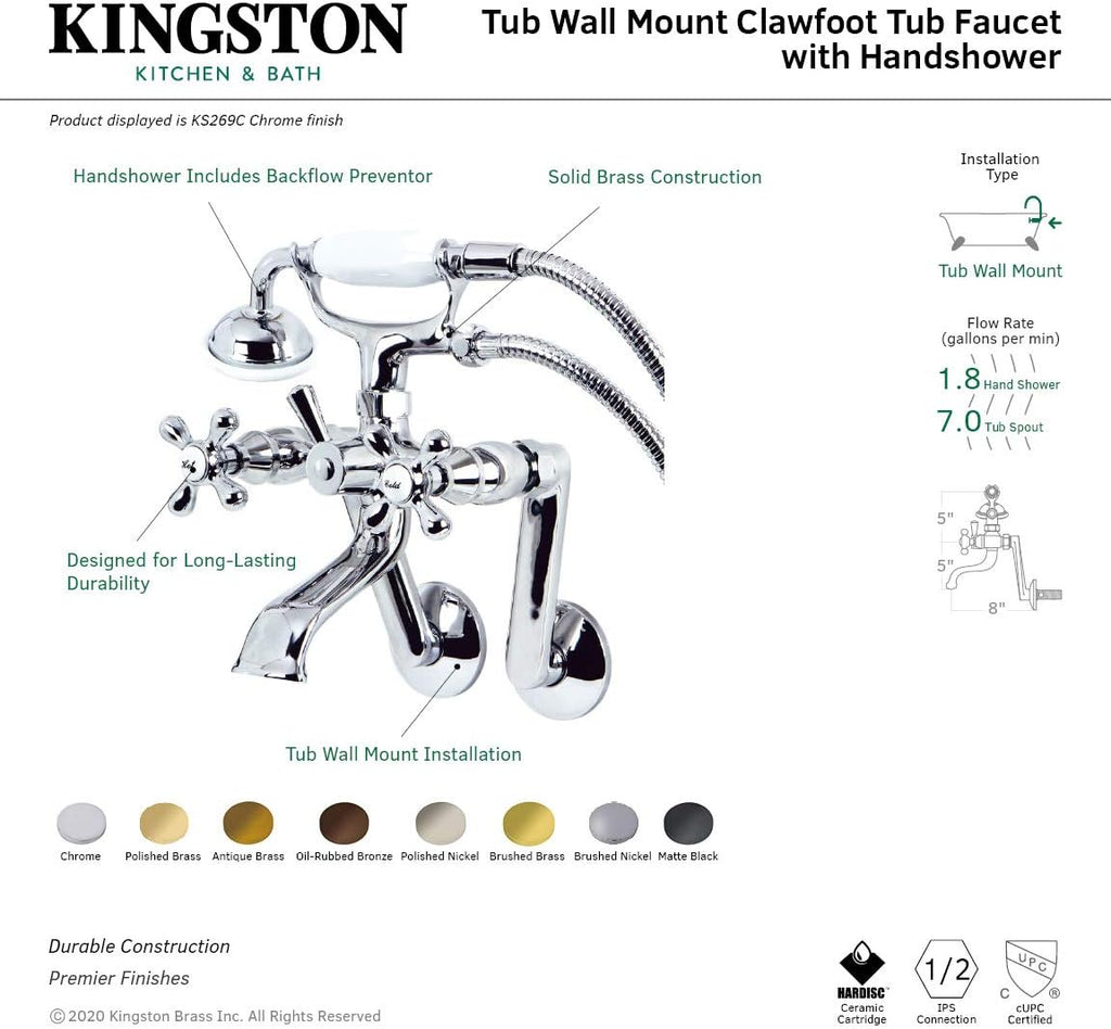 Kingston Brass KS269PN Kingston Tub Wall Mount Clawfoot Tub Faucet with Hand Shower, Polished Nickel