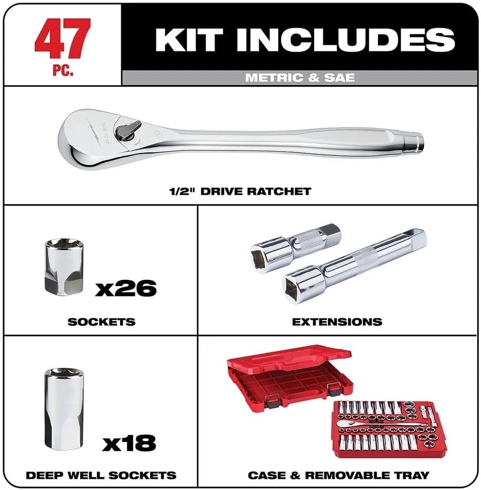 47PC 48-22-9010 for Milwaukee 1/2' Socket Wrench Set Silver - SAE & Metric