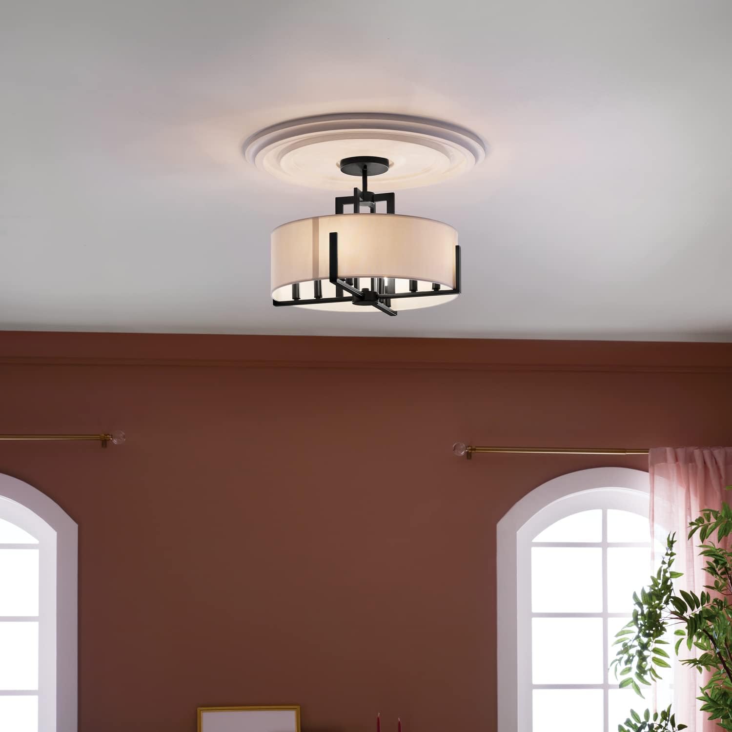 Kichler Malen 20' 8-Light Convertible Semi-Flush with White Fabric Shade in Black, 52592BK