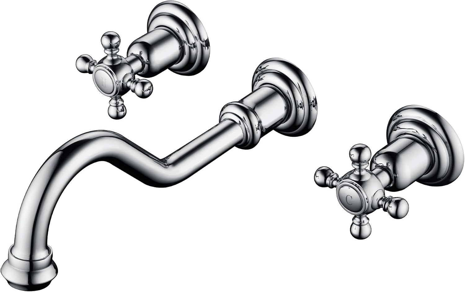 SUMERAIN Wall Mount Vintage Bathroom Vessel Sink Faucet,3 Holes Cross Knobs Brass Lavatory Basin Faucet, Chrome Finish with Included Rough-in Valve