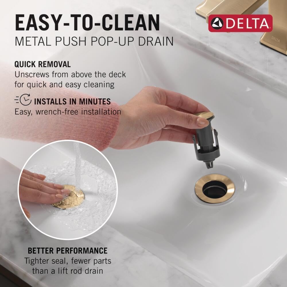 Delta Trinsic U-Spout Widespread Bathroom Faucet, Gold 3-Hole Bathroom Sink Faucet, Metal Push-Pop Drain Assembly, Champagne Bronze 3554-CZMPU-DST