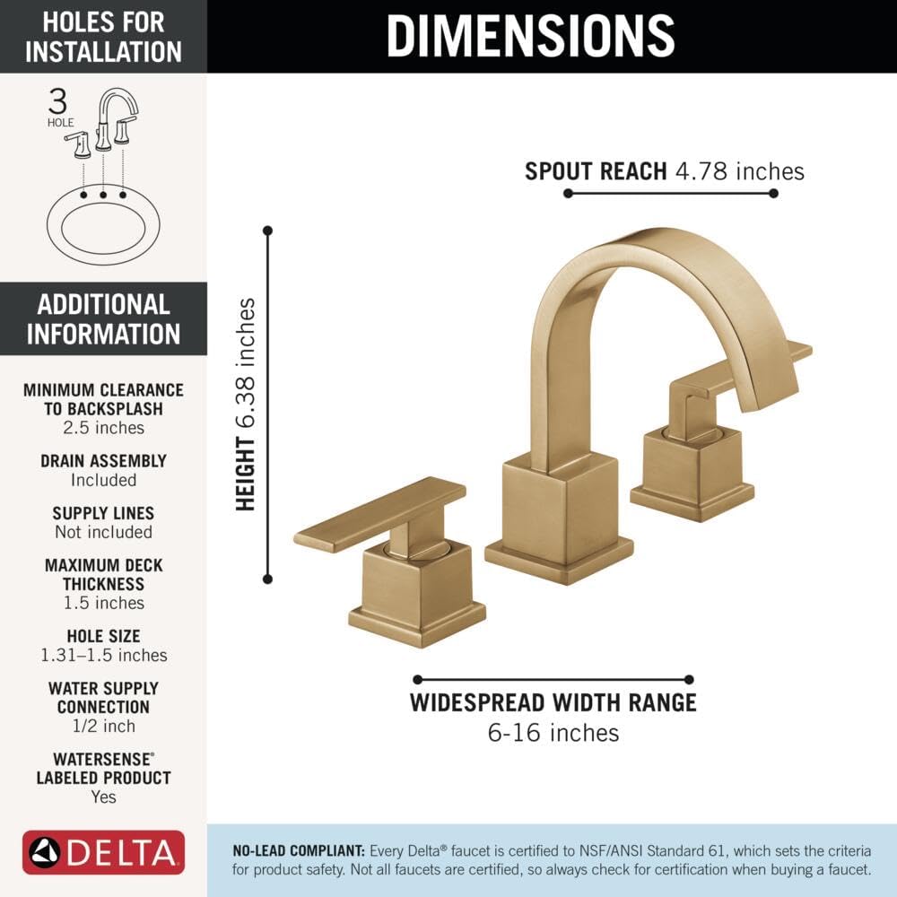 Delta Vero Brushed Gold Bathroom Faucet 3 Hole, 8 Inch Widespread Bathroom Sink Faucet for Vanity, Metal Push-Pop Drain Assembly, Champagne Bronze 3553LF-CZ