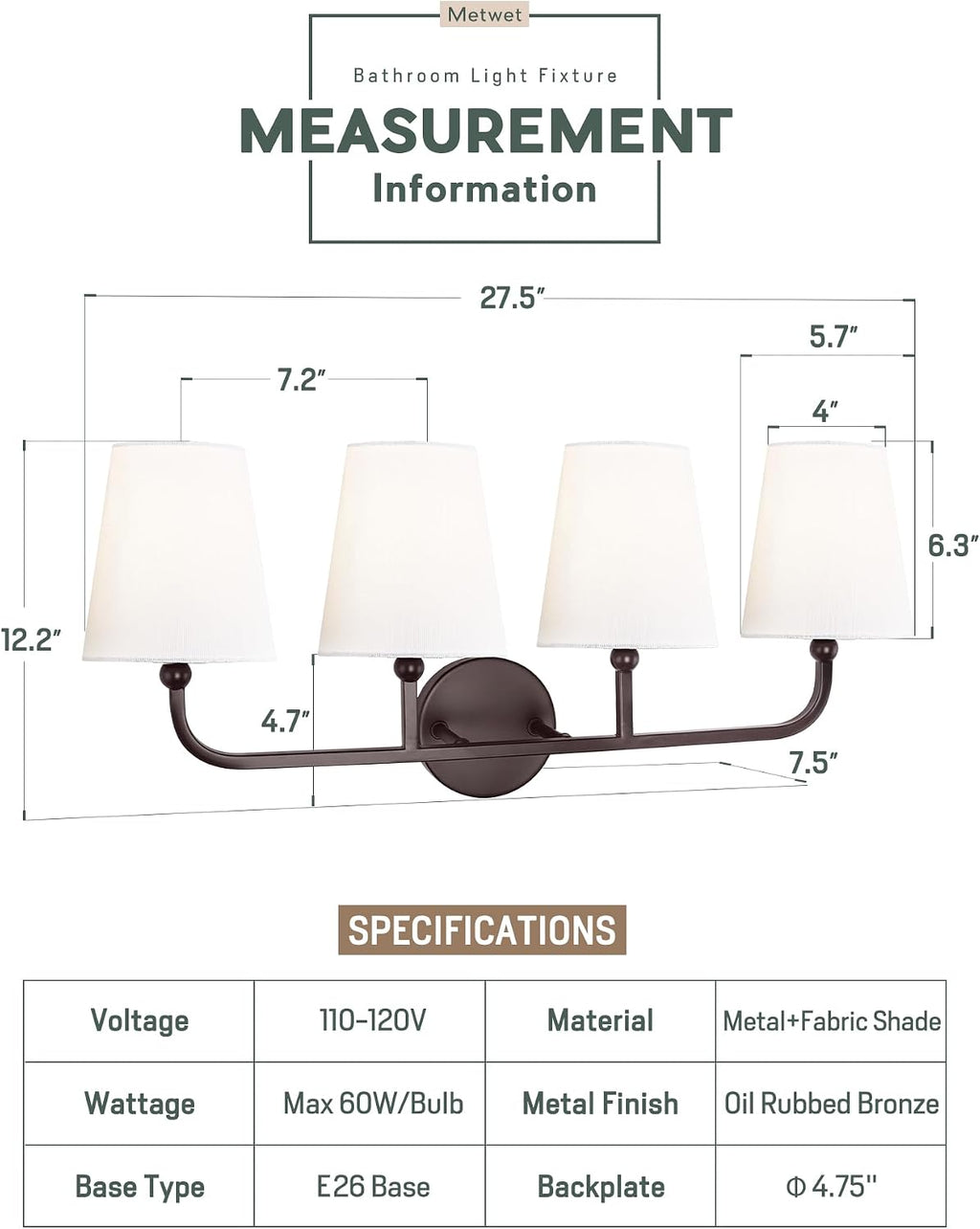 Bathroom Light Fixtures, 4 Light Oil Rubbed Bronze Vanity Lights with Flared White Fabric Shade, 28 Inch Wall Sconce, Vintage Sconces Wall Lighting for Hallway Bedroom, VL837-ORB-4