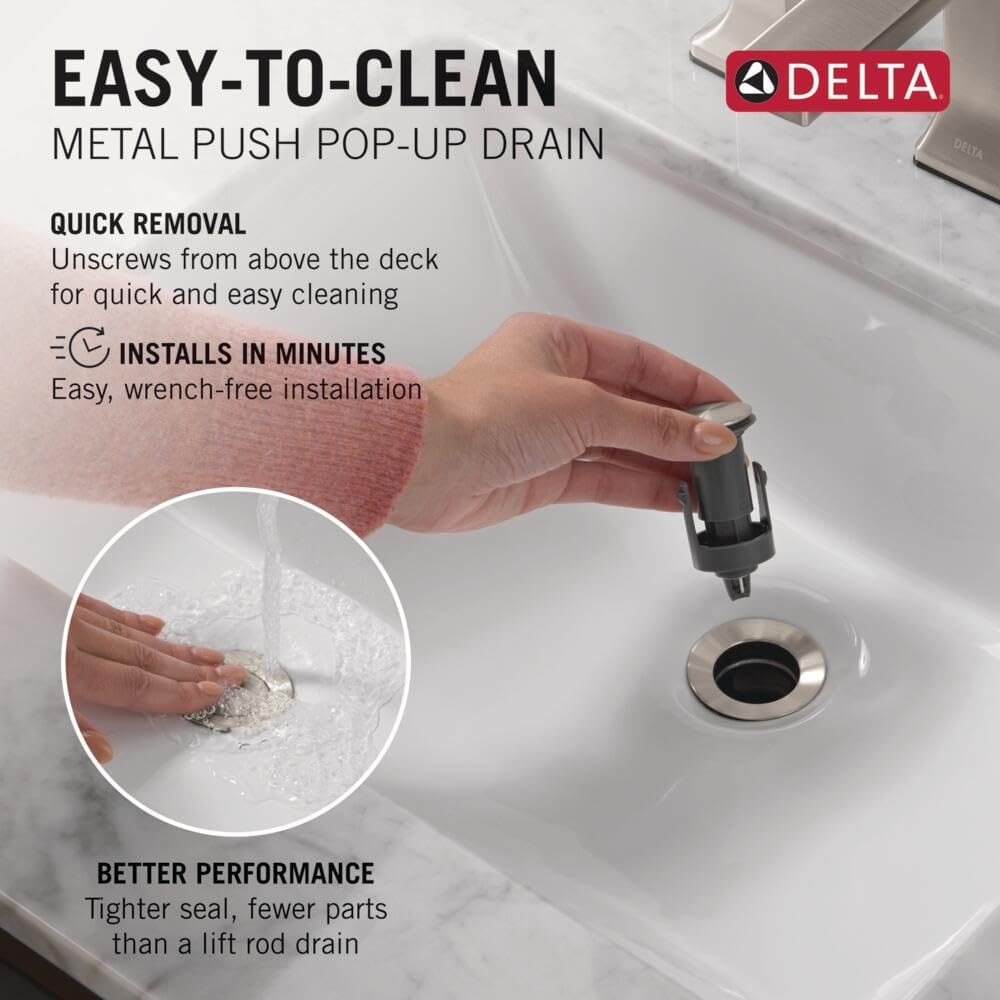 Delta Trinsic U-Spout Widespread Bathroom Faucet, Brushed Nickel 3-Hole Bathroom Sink Faucet, Metal Push-Pop Drain Assembly, Stainless 3554-SSMPU-DST