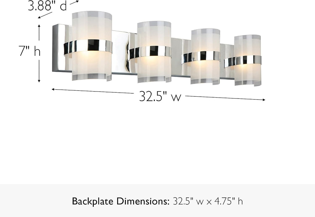 Design House Haswell Vanity Light, 4-Light Integrated LED Bathroom Fixture, Acrylic Frosted Shade, Polished Chrome, Modern Wall Lighting, 7 in H x 32.5 in L x 3.88 in W