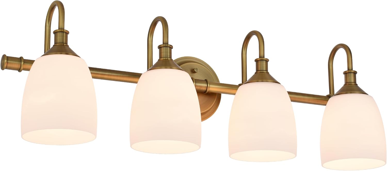 4-Light Champagne Bronze Bathroom Vanity Light Fixtures Over Mirror, Vintage Vanity Lights for Living Room, Milk White Glass Shades, Standard E26 Base