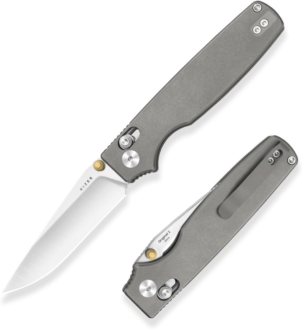 Kizer Original 2 EDC Pocket Knife, 3.17' S45VN Modified Drop Point Folding Knife with Titanium Handle, Thumb Stud Opener Clutch Lock, for Camping Hiking Fishing Ki3605.2MA1