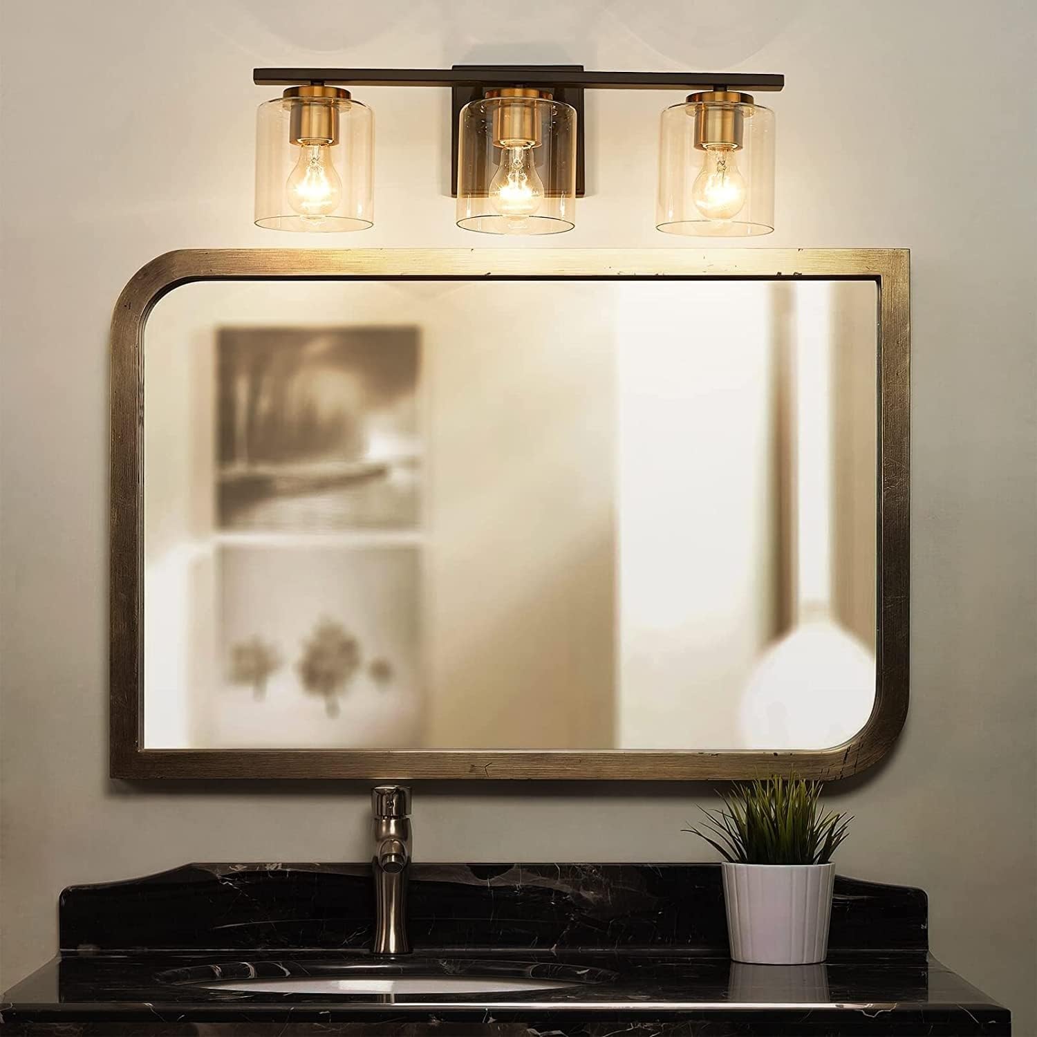 3-Light Bathroom Vanity Light Fixtures Farmhouse with Clear Glass Shade Oil Rubbed Bronze and Gold Finish Modern Contemporary Metal
