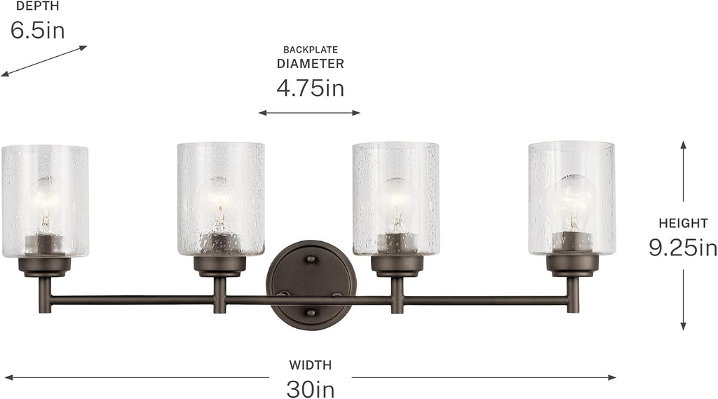 Kichler Winslow 30' Vanity Light in Olde Bronze®, 4-Light Transitional Bathroom Light with Clear Seeded Glass. (30' W x 9.25' H), 45887OZ