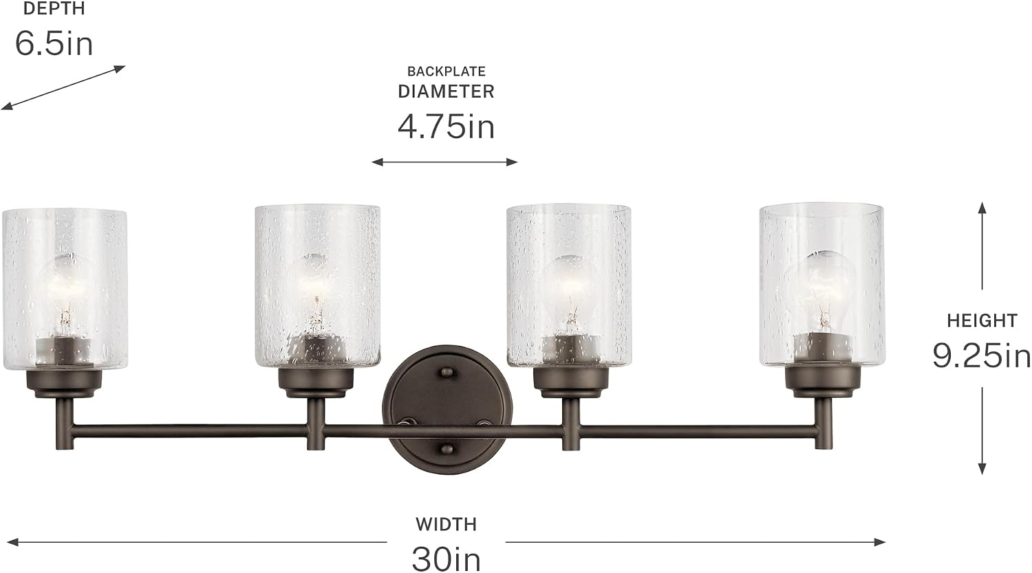 Kichler Winslow 30' Vanity Light in Olde Bronze®, 4-Light Transitional Bathroom Light with Clear Seeded Glass. (30' W x 9.25' H), 45887OZ