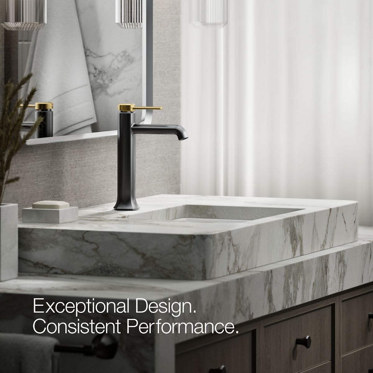 KOHLER 27003-4N-BMB Occasion Tall Single-Handle Bathroom Faucet with Pop-Up Drain Assembly, One Hole Bathroom Sink Faucet, 0.5 gpm, Matte Black with Moderne Brass