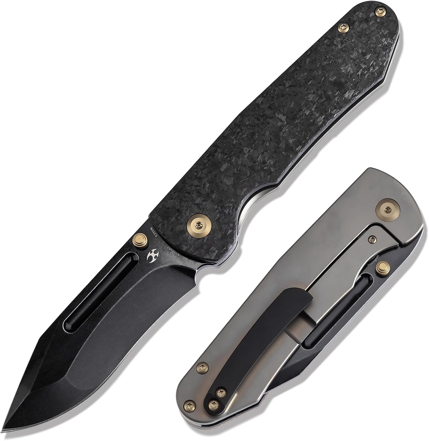 KANSEPT Superhawk Pocket Knives, 3.89'' Blackwash CPM S35VN Steel Sharp Blade, Titanium and Shred Carbon Fiber Handle, Thumb Stud for Edc and Outdoor, 9.03'' Camping Folding Hiking Knive K1084B2
