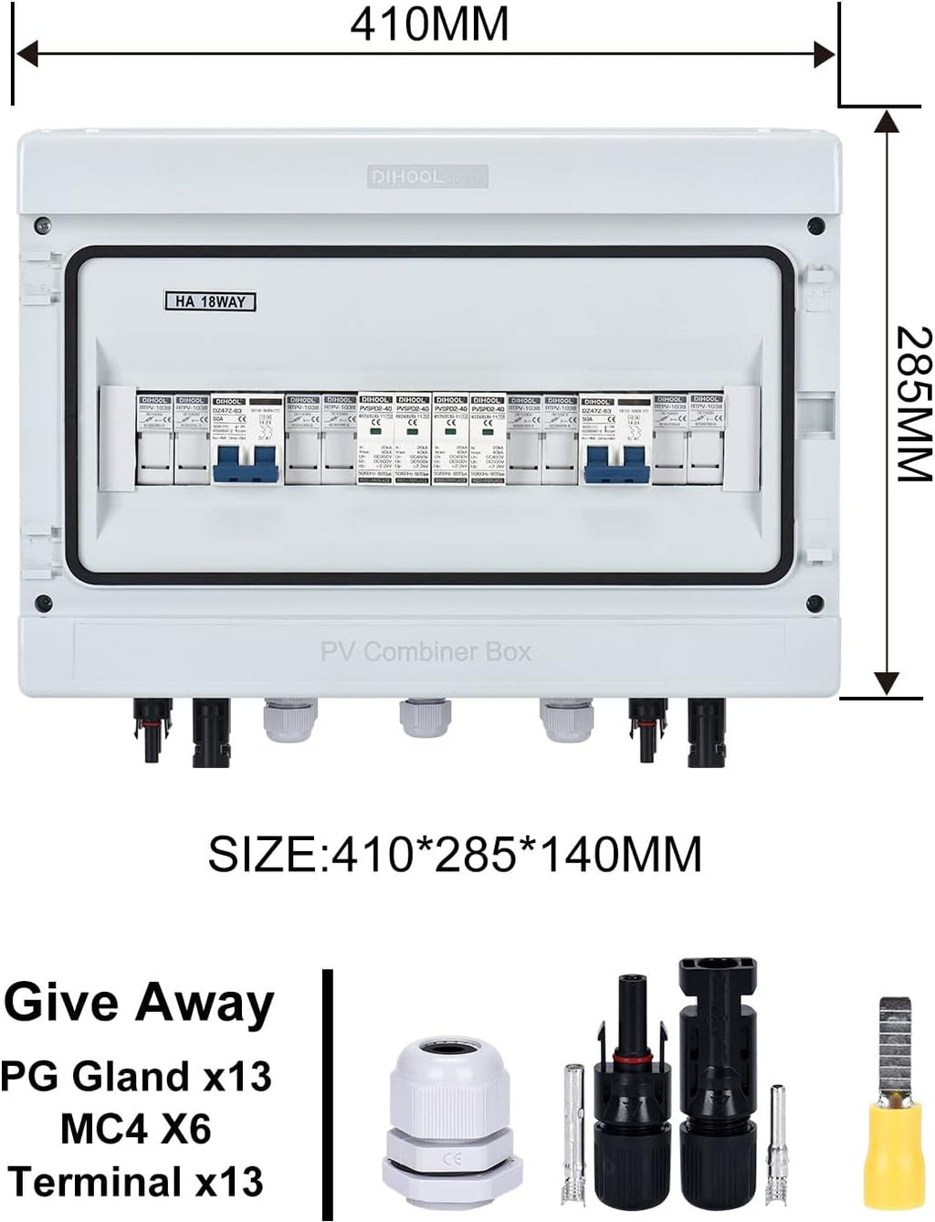 DIHOOL PV Solar Combiner Box with Lightning Surge Protector Arrester, 4 String 4 in 2 Out, 25A 500V DC Breaker Fuse Inline Box for 4 Arrays and 2 Inverters