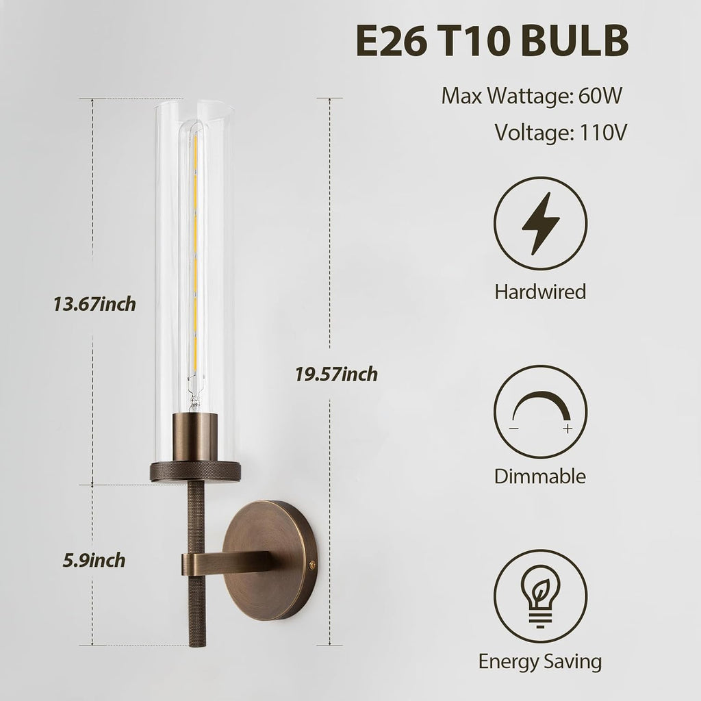 19.5' Knurled Brass Wall Sconce with Clear Glass Tube, Bronze Bathroom Vanity Light Fixtures, Modern Lamp Lighting for Bedroom, Living Room, Hallway, Staircase, Mirror, Kitchen