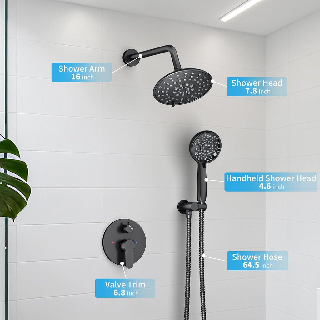 EMBATHER Black Shower Faucets Sets - Overhead Rain Head Shower System with 8-Mode High Pressure Handheld Complete Combo and Mixer Valve Trim Kit - 3-Way Rainfall Shower Fixture for Luxury Bathroom