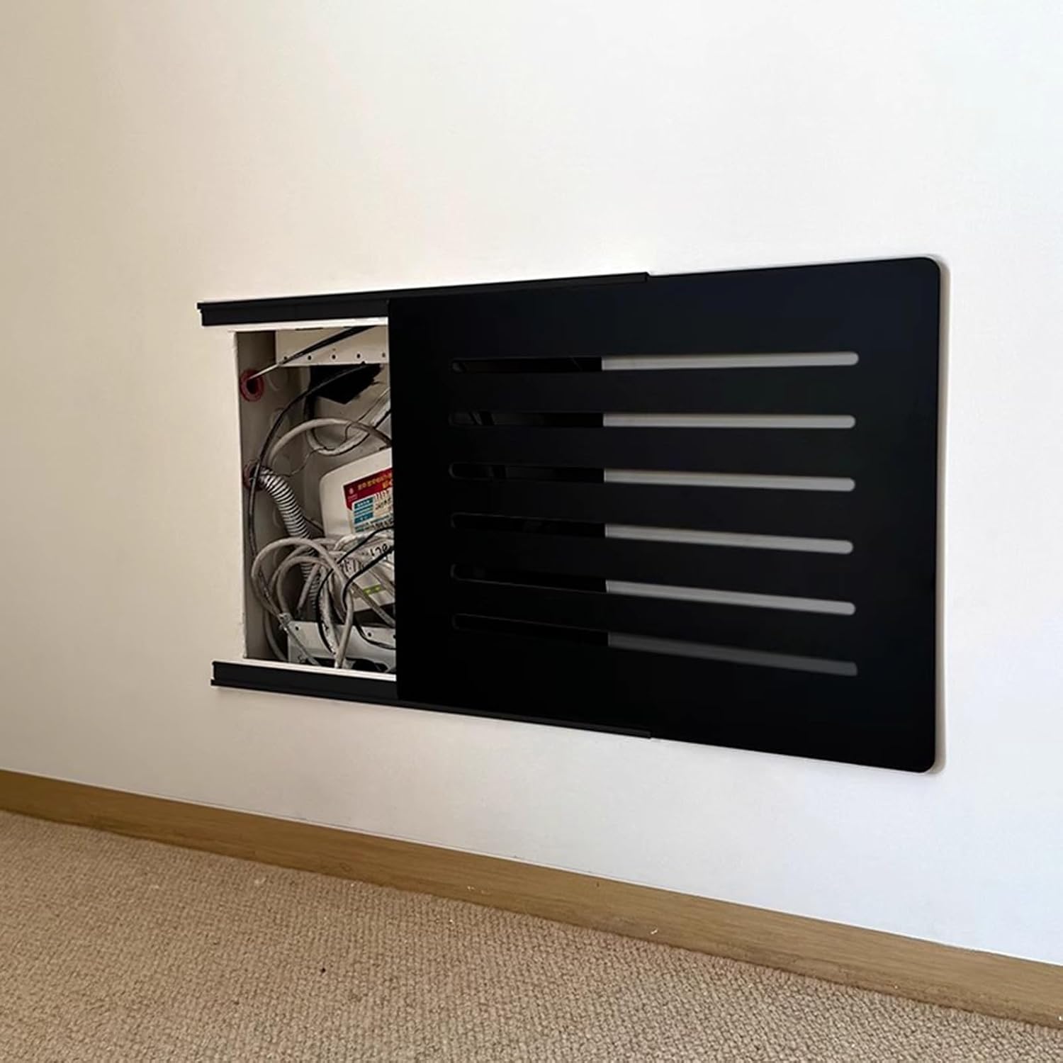 Electrical Panel Cover Sliding Breaker Box Cover with Self Adhesive Track, Extra Thin Electrical Panel Cover Decorative Wall, Safe Distribution Box Protective Lid(Black B,55 x 45 cm/21.7 x 17.7 in)