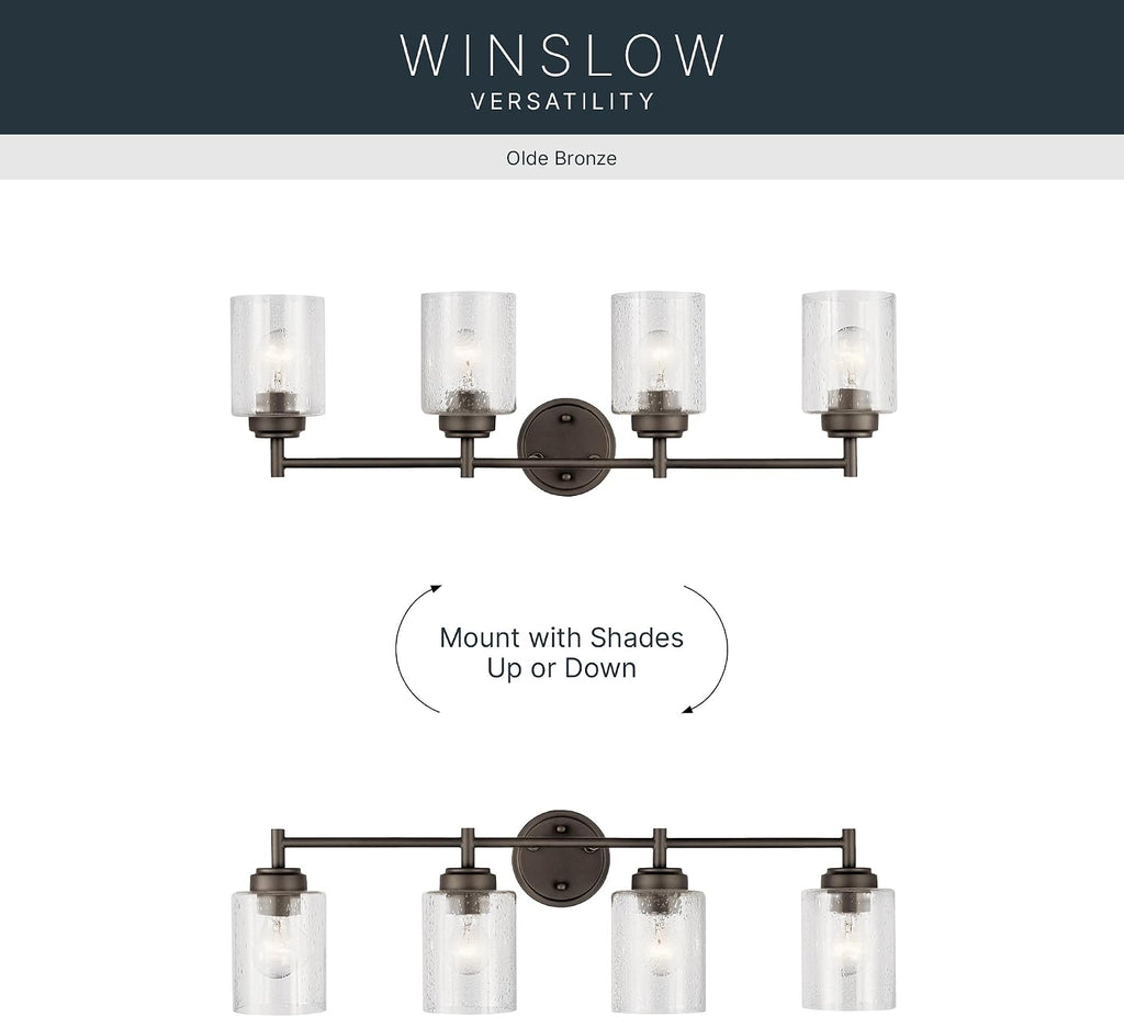 Kichler Winslow 30' Vanity Light in Olde Bronze®, 4-Light Transitional Bathroom Light with Clear Seeded Glass. (30' W x 9.25' H), 45887OZ