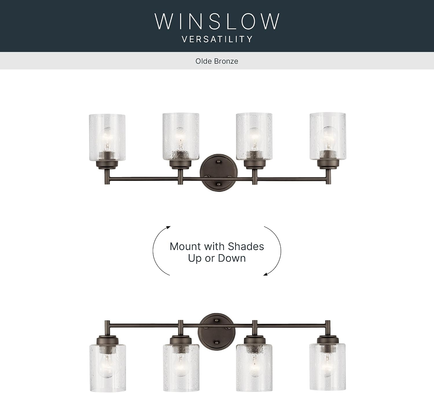 Kichler Winslow 30' Vanity Light in Olde Bronze®, 4-Light Transitional Bathroom Light with Clear Seeded Glass. (30' W x 9.25' H), 45887OZ