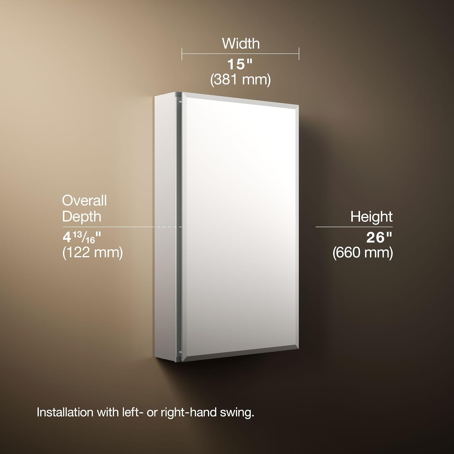 Kohler CB-CLC1526FS Frameless Bathroom Mirror Medicine Cabinet, Single Door, Rectangular Beveled Edge Frame, Bathroom Cabinet Mirror, Adjustable Shelves, 15 in. W x 26 in. H