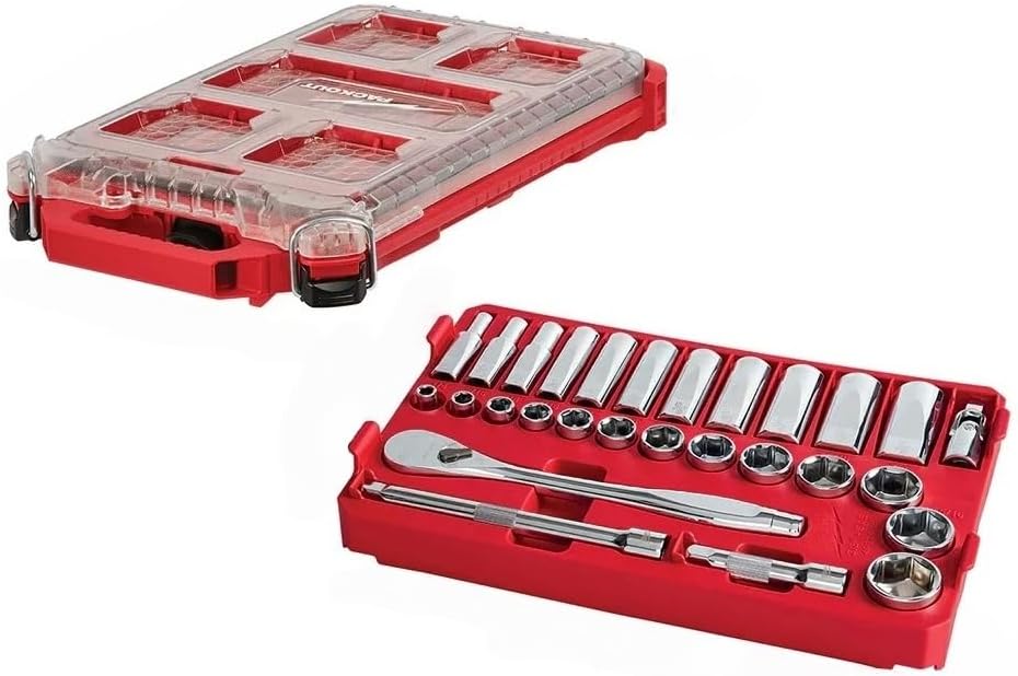 28 PC 48-22-9481 Socket and Socket Wrench Sets for Milwaukee 3/8' Drive Ratchet Socket Set With Packout Organizer