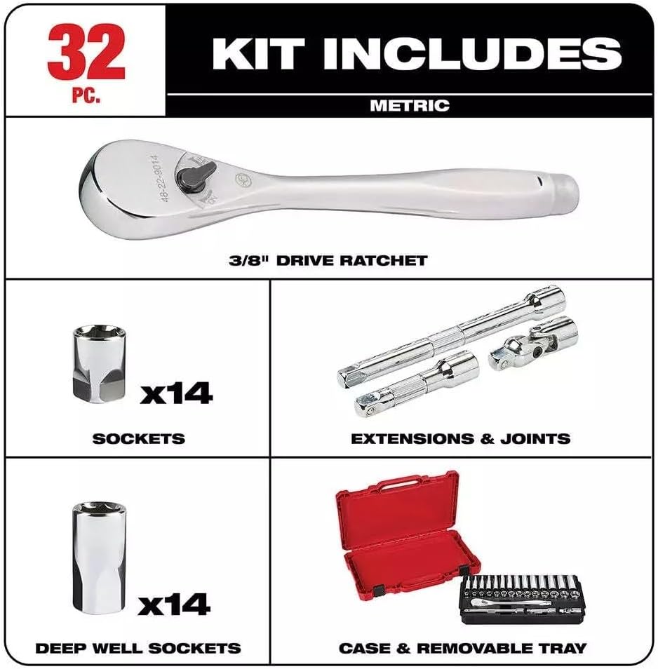 32pc 48-22-9508 for Milwaukee 3/8-Inch Drive Durable Metric Ratchet and Socket Set New
