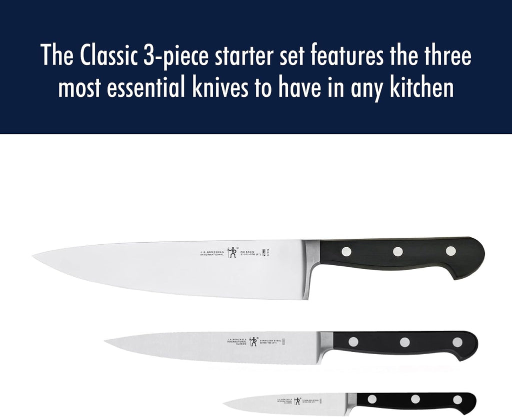HENCKELS Classic Razor-Sharp 3-Piece Kitchen Knife Set, Chef Knife, Paring Knife, Utility Knife, German Engineered Informed by 100+ Years of Mastery, Stainless Steel