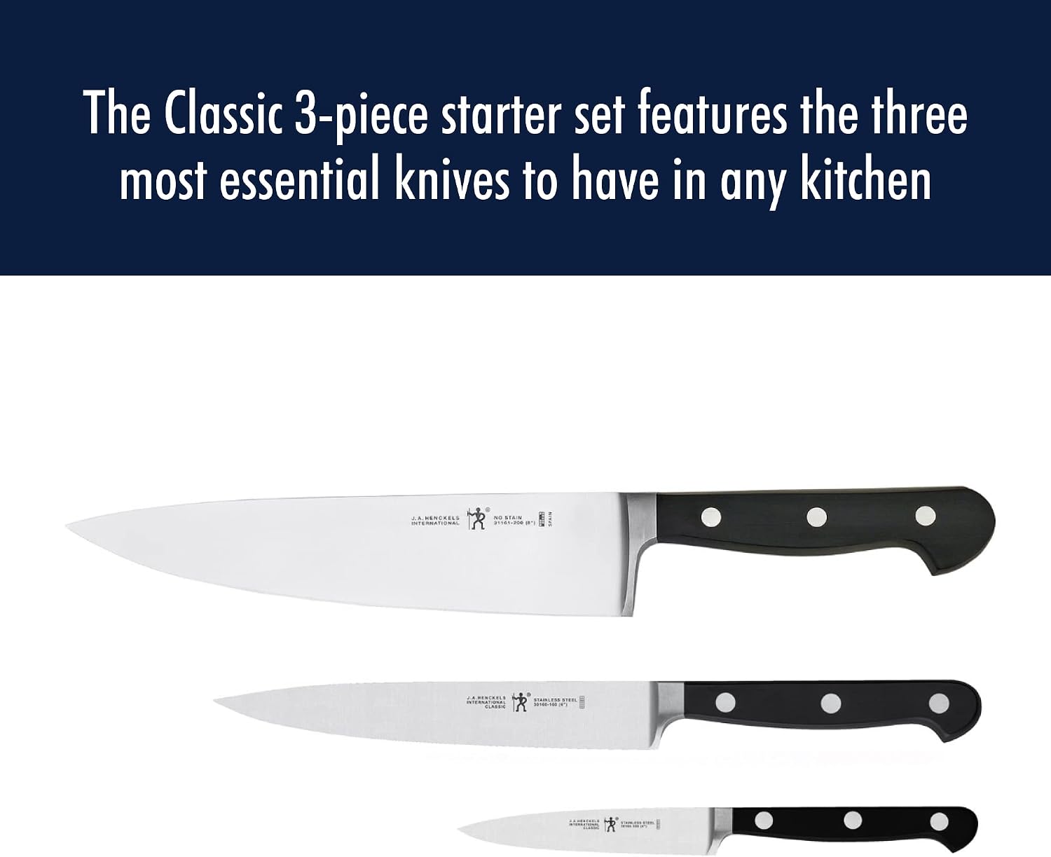 HENCKELS Classic Razor-Sharp 3-Piece Kitchen Knife Set, Chef Knife, Paring Knife, Utility Knife, German Engineered Informed by 100+ Years of Mastery, Stainless Steel