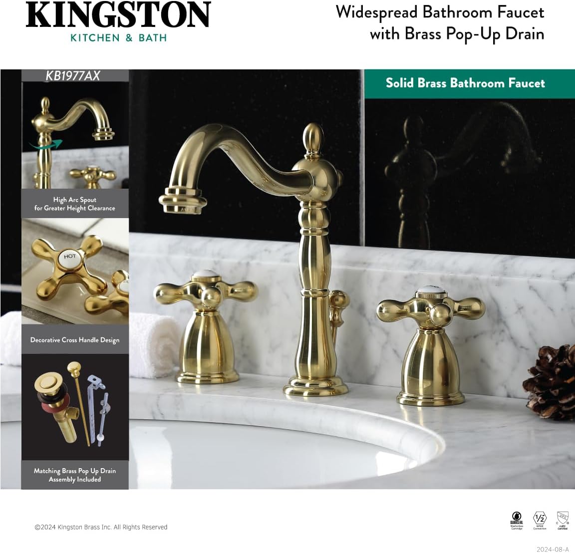 Kingston Brass KB1970AX Heritage 8' Widespread Lavatory Faucet with Brass Pop-Up, 6-1/2' in Spout Reach, Matte Black