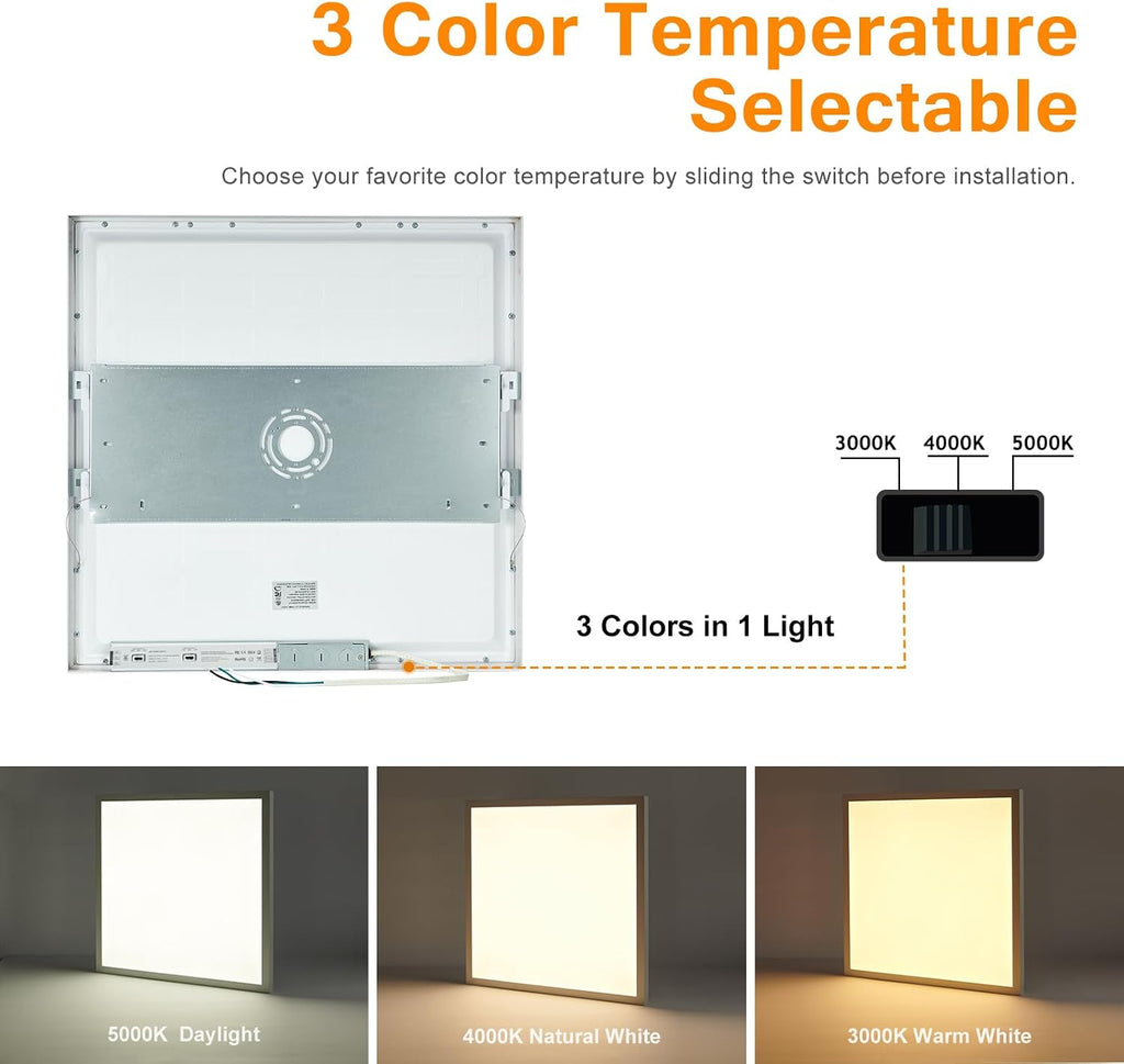 2x2 LED Flat Panel Light Surface Mount, 40W-30W-20W & 3000K-4000K-5000K Selectable, 0-10V Dimmable, 24 Inch Square Flush Mount Ceiling Fixture for Kitchen, Shop, 100-277V, ETL, 2 Pack,White