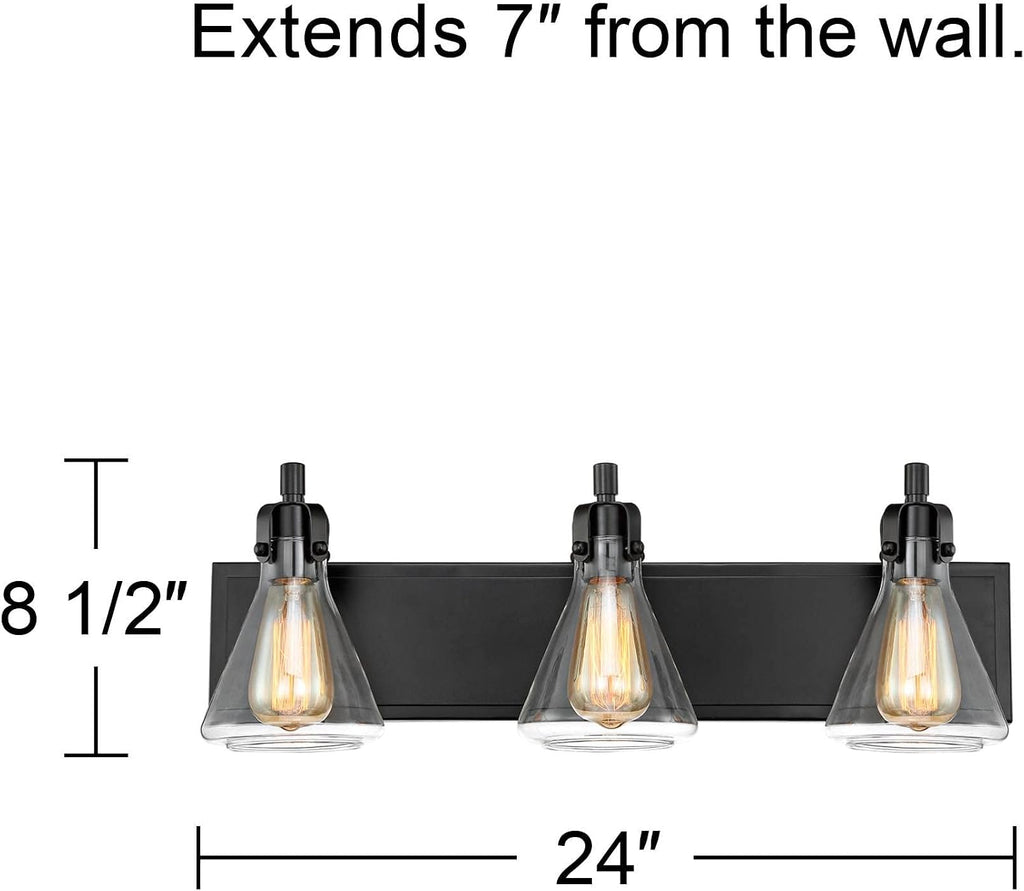 Possini Euro Design Cindy Farmhouse Industrial Rustic Wall Light Bronze Brown Metal Hardwired 24' Wide 3-Light Fixture Mounted Clear Glass Shade Bathroom Vanity Mirror House Home Hallway Room Decor