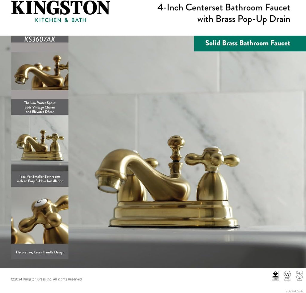 Kingston Brass KS3607AX 4 in. Centerset Bathroom Faucet, Brushed Brass