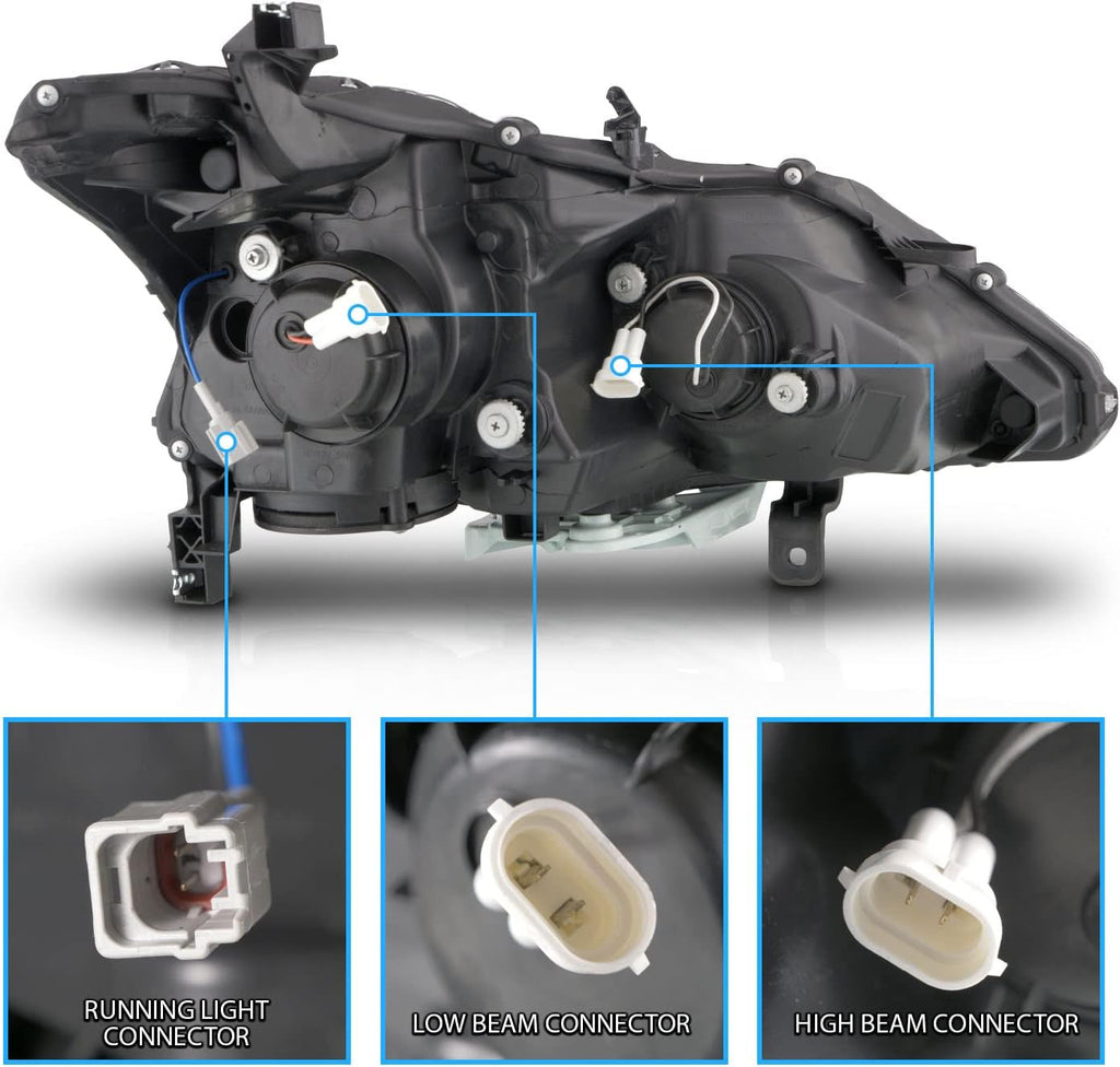 AmeriLite for 2013-2015 Nissan Altima 4 Door Sedan LED Tube Black Square Projector Headlights Set - Passenger and Driver Side