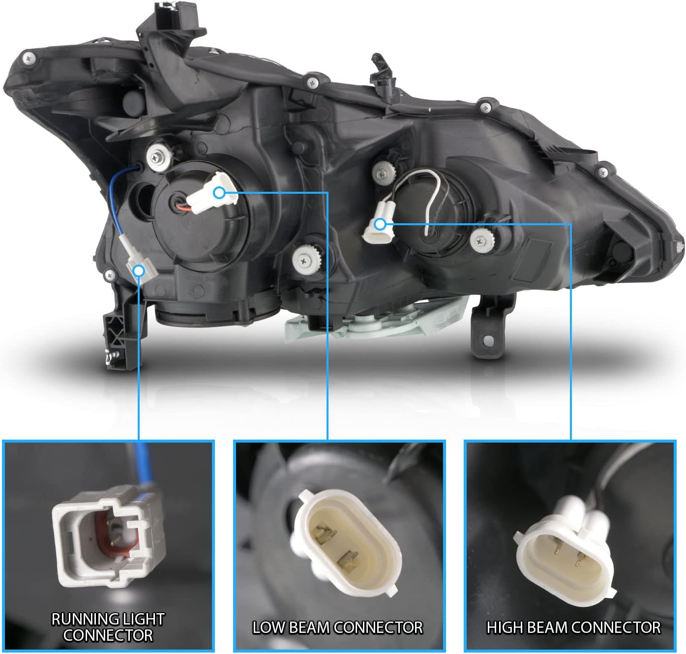 AmeriLite for 2013-2015 Nissan Altima 4 Door Sedan LED Tube Black Square Projector Headlights Set - Passenger and Driver Side