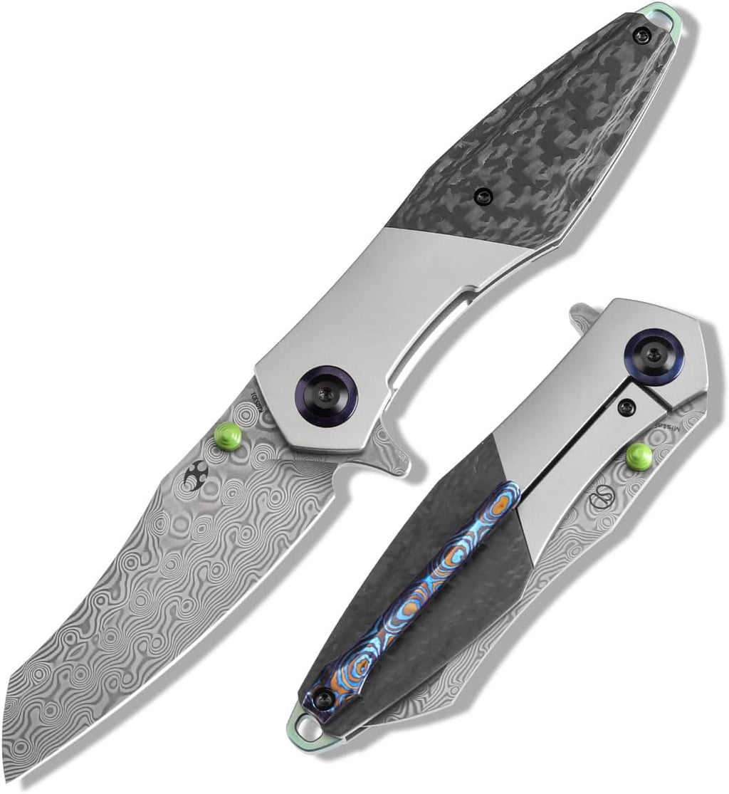 KANSEPT Mistaken Folding Knives for Men EDC Camping Pocket Folding Knife 3.58'' Damascus Blade with Beadblasted Titanium + Twill Carbon Fiber Handle Everyday Carry K1053D1