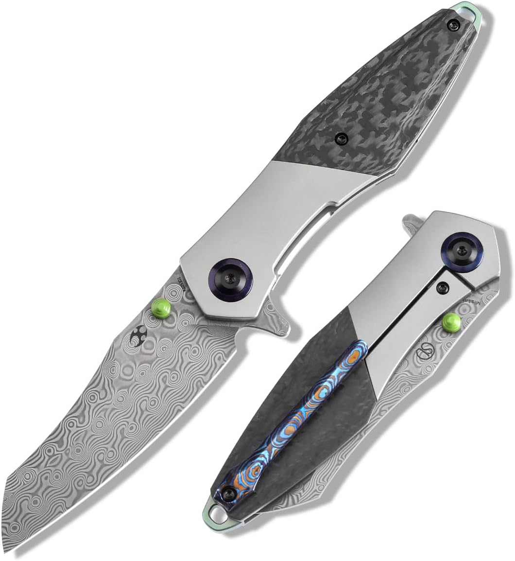 KANSEPT Mistaken Folding Knives for Men EDC Camping Pocket Folding Knife 3.58'' Damascus Blade with Beadblasted Titanium + Twill Carbon Fiber Handle Everyday Carry K1053D1