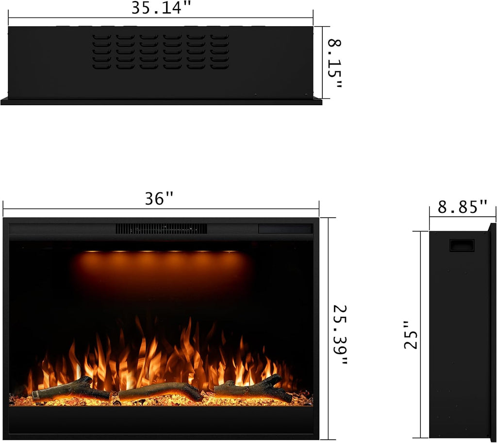 Electric Fireplace Inserts 36inches Wide, Recessed in Wall Fireplace Heater w/Remote Control, 3 Colors Led Top Light& Realistic Flame w/ 5 Brightness, Thermostat, 750W/1500W, Black