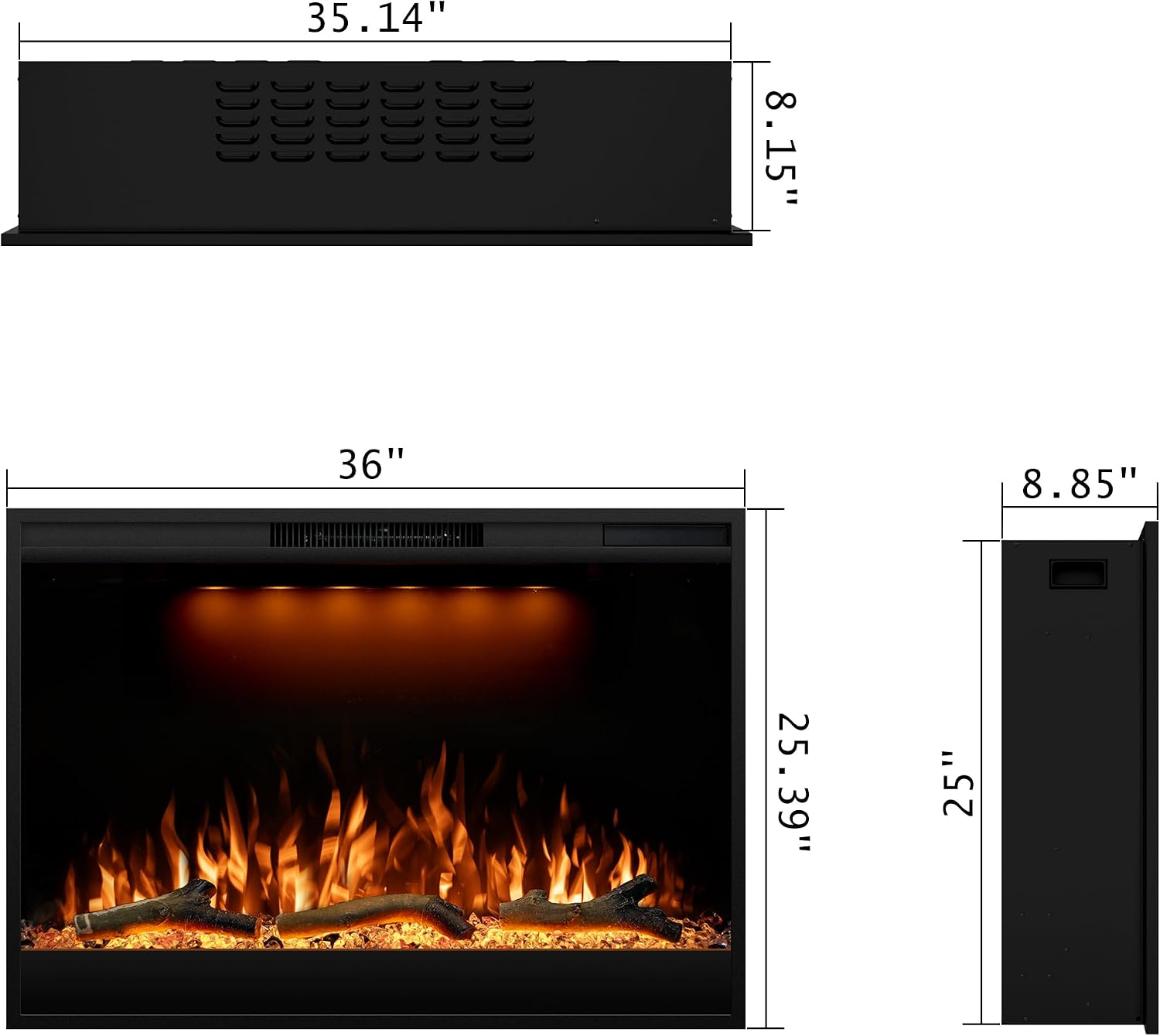 Electric Fireplace Inserts 36inches Wide, Recessed in Wall Fireplace Heater w/Remote Control, 3 Colors Led Top Light& Realistic Flame w/ 5 Brightness, Thermostat, 750W/1500W, Black