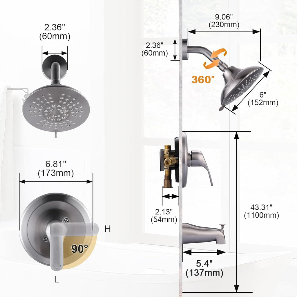 Shower Faucet with Valve, Brushed Nickel Bathroom Tub Shower Faucet Kit, Single Handle Rain Shower Head with Tub Spout, Solid Brass Shower Tub Faucet Set Complete, Bathtub Faucet with Shower