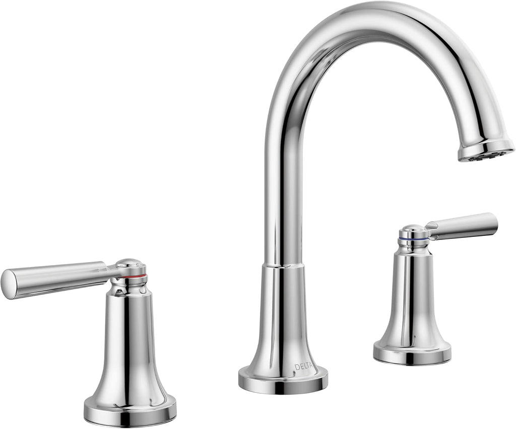 Delta Saylor Chrome Bathroom Faucet 3 Hole, 8 Inch Widespread Bathroom Sink Faucet for Vanity, Metal Push-Pop Drain Assembly, Chrome 3535-MPU-DST