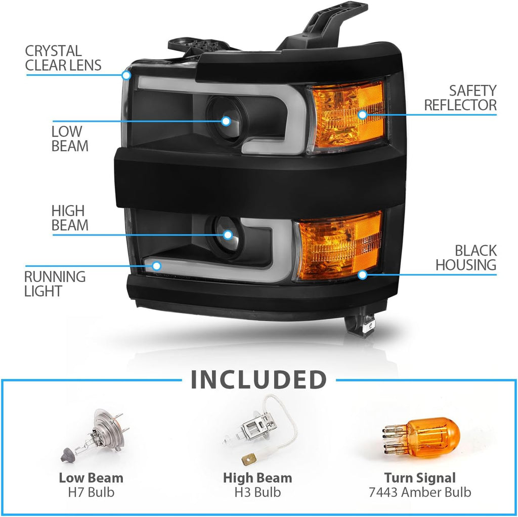 AmeriLite for 2015-2019 Chevy Silverado 2500HD 3500HD Work Truck w/Dual LED Tube All Dark Black Square Projector Replacement Headlights Set - Passenger and Driver Side