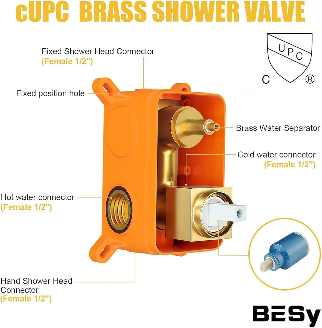 BESy Bathroom Shower System Rain Shower Head Shower Faucet Fixture | 12 Inch Rainfall Shower Head and Handle Set Wall Mounted Shower Mixer Valve Brushed Gold