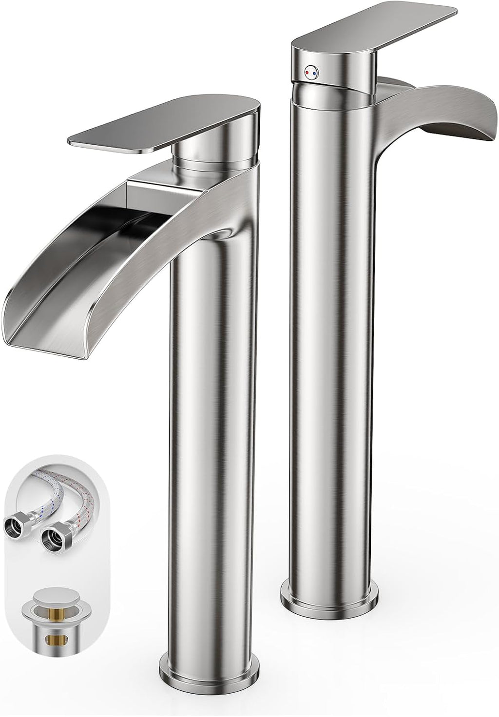 Phiestina Brushed Nickel Tall Bathroom Vessel Sink Faucet 2 Pack, Single Hole Single Handle Waterfall Above Countertop Sink Bathroom Faucet, with Pop Up Drain and Water Supply Line, NS-SF01-V-BN-2pack