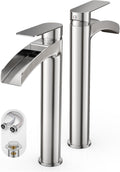 Phiestina Brushed Nickel Tall Bathroom Vessel Sink Faucet 2 Pack, Single Hole Single Handle Waterfall Above Countertop Sink Bathroom Faucet, with Pop Up Drain and Water Supply Line, NS-SF01-V-BN-2pack