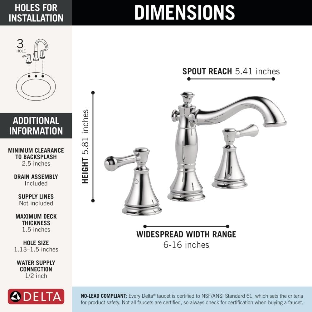 Delta Cassidy Chrome Bathroom Faucet 3 Hole, 8 Inch Widespread Bathroom Sink Faucet for Vanity, Metal Push-Pop Drain Assembly, Chrome 3597LF-MPU